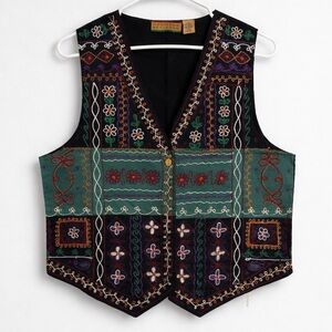 Vintage 90s Northern Explorer Embroidered Cotton Vest Medium Boho Folkcore